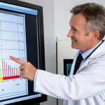 **

A seasoned vibration analysis engineer, perhaps in their 50s, wearing a slightly rumpled but professional white lab coat. They're pointing at a spectral analysis graph displayed on a large monitor in a bright, modern laboratory. The graph shows clear peaks indicating a machine imbalance. The engineer has a slight smile, conveying both expertise and approachability. Soft, natural light illuminates the scene. Focus on capturing the "art of interpretation" aspect of vibration analysis.

**