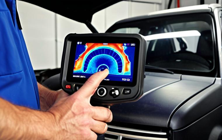 ** A mechanic using a thermal camera to inspect a car engine in a brightly lit garage. Focus on the thermal image on the camera's screen showing hotspots.
**