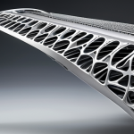 **Lightweight, high-performance aircraft wing design.** Focus on the intricate internal structure and topology optimization, possibly showcasing a 3D-printed titanium alloy. A gradient background representing aerodynamic flow would enhance the image.