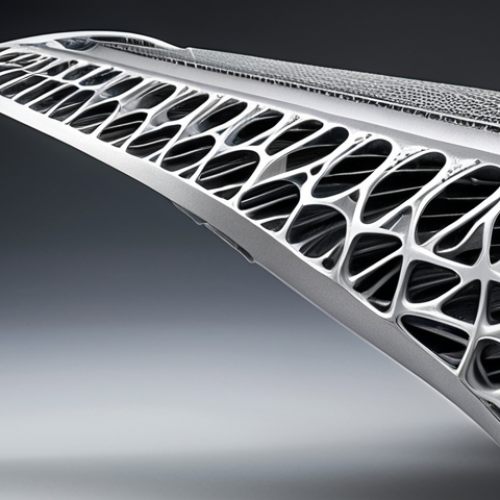 Home 7 **Lightweight, high-performance aircraft wing design.** Focus on the intricate internal structure and topology optimization, possibly showcasing a 3D-printed titanium alloy. A gradient background representing aerodynamic flow would enhance the image.
