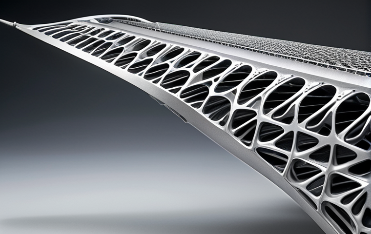 **Lightweight, high-performance aircraft wing design.** Focus on the intricate internal structure and topology optimization, possibly showcasing a 3D-printed titanium alloy. A gradient background representing aerodynamic flow would enhance the image.
