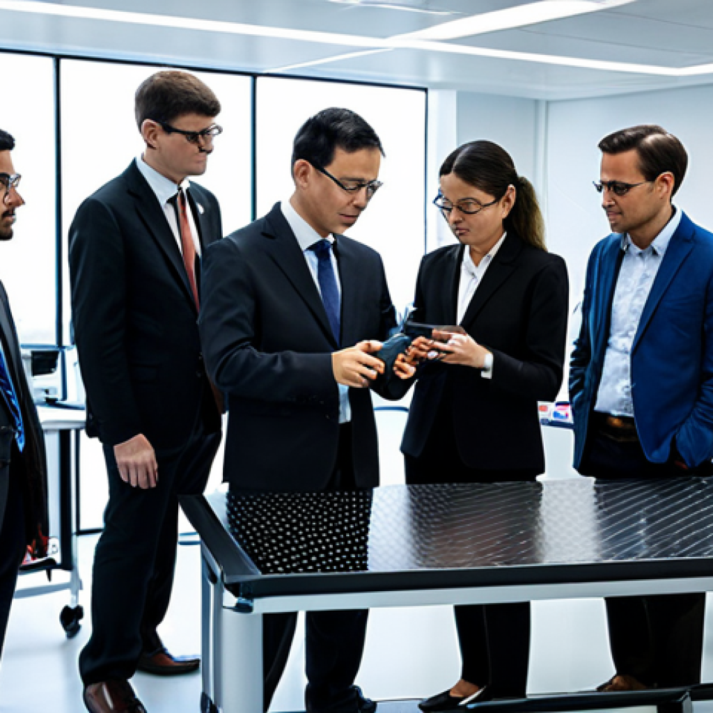 A team of professional aerospace engineers, a diverse group of men and women, in modest, fully clothed professional attire, diligently working in a cutting-edge aerospace research laboratory. They are gathered around a workbench featuring intricate samples of advanced carbon fiber composites and transparent holographic displays showcasing structural integrity simulations. The lab is brightly lit, modern, and filled with high-tech equipment like a sophisticated 3D printer for metal alloys and various testing instruments. The atmosphere is one of focused innovation and collaborative problem-solving. This image emphasizes technological advancement and human ingenuity. Perfect anatomy, natural pose, correct proportions, well-formed hands, proper finger count, natural body proportions. Safe for work, appropriate content, fully clothed, professional.