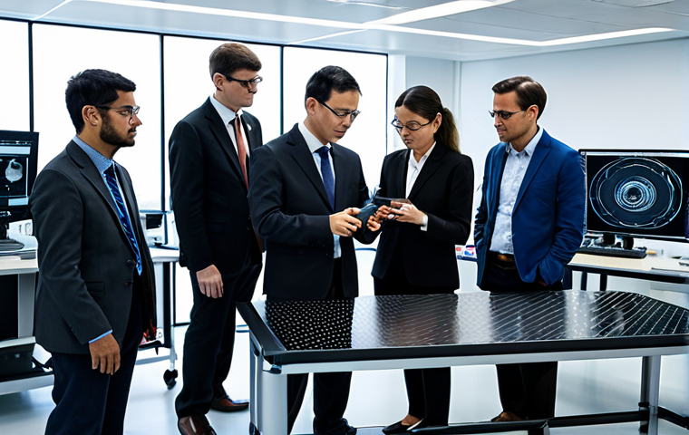 A team of professional aerospace engineers, a diverse group of men and women, in modest, fully clothed professional attire, diligently working in a cutting-edge aerospace research laboratory. They are gathered around a workbench featuring intricate samples of advanced carbon fiber composites and transparent holographic displays showcasing structural integrity simulations. The lab is brightly lit, modern, and filled with high-tech equipment like a sophisticated 3D printer for metal alloys and various testing instruments. The atmosphere is one of focused innovation and collaborative problem-solving. This image emphasizes technological advancement and human ingenuity. Perfect anatomy, natural pose, correct proportions, well-formed hands, proper finger count, natural body proportions. Safe for work, appropriate content, fully clothed, professional.