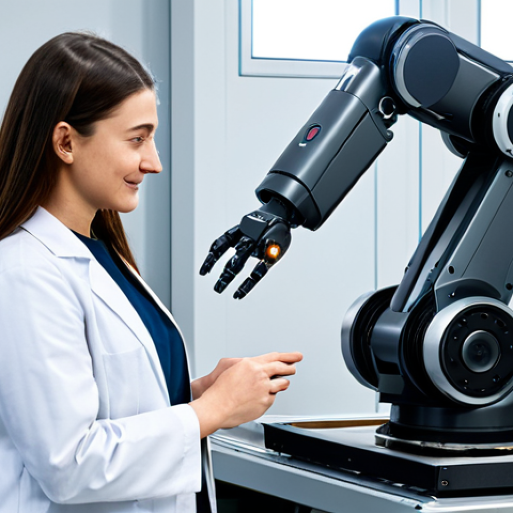 **A professional team of engineers, a man and a woman, both fully clothed in modest, professional work attire and lab coats, safely collaborating with a sleek, modern collaborative robot (cobot) on a delicate assembly task in a brightly lit, clean, and advanced manufacturing facility. The scene emphasizes seamless human-robot interaction and efficient teamwork. Perfect anatomy, correct proportions, natural pose, well-formed hands, proper finger count, natural body proportions. Safe for work, appropriate content, fully clothed, professional, family-friendly, high resolution, sharp focus, realistic lighting.**