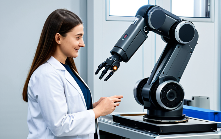 **A professional team of engineers, a man and a woman, both fully clothed in modest, professional work attire and lab coats, safely collaborating with a sleek, modern collaborative robot (cobot) on a delicate assembly task in a brightly lit, clean, and advanced manufacturing facility. The scene emphasizes seamless human-robot interaction and efficient teamwork. Perfect anatomy, correct proportions, natural pose, well-formed hands, proper finger count, natural body proportions. Safe for work, appropriate content, fully clothed, professional, family-friendly, high resolution, sharp focus, realistic lighting.**