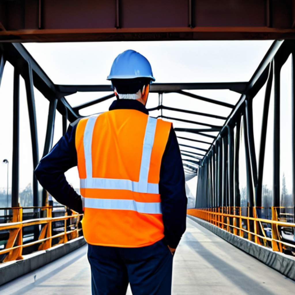 **
"A civil engineer in a professional environment, inspecting a metal bridge structure. The engineer is fully clothed in appropriate attire, wearing a safety vest and hard hat. The scene showcases the bridge supports and beams. Safe for work, professional, perfect anatomy, natural proportions, appropriate content."
**