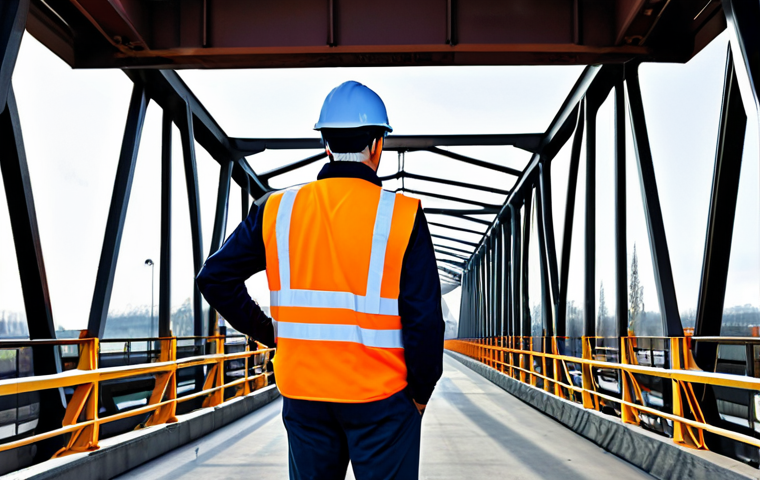 **
"A civil engineer in a professional environment, inspecting a metal bridge structure. The engineer is fully clothed in appropriate attire, wearing a safety vest and hard hat. The scene showcases the bridge supports and beams. Safe for work, professional, perfect anatomy, natural proportions, appropriate content."
**