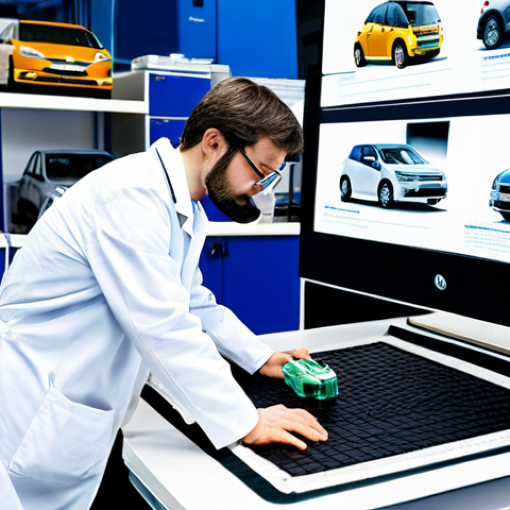 Sustainable Materials in Automotive Engineering**
"A bright, modern automotive engineering lab. A fully clothed engineer, wearing safety glasses and a lab coat, is examining a car chassis component made of a woven bio-composite material. In the background, researchers are analyzing data on computer screens. Focus on the intricate detail of the bio-composite. Safe for work, appropriate content, fully clothed, professional environment, perfect anatomy, natural proportions, high quality, sustainable materials research, modest attire."
**