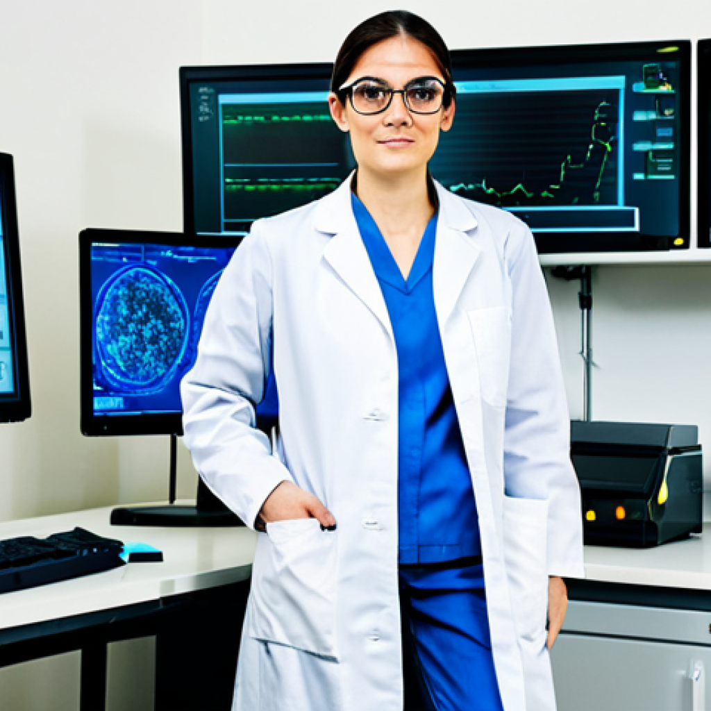 기계공학 기계적시험 - **Subject:** A female engineer in a clean, modern laboratory.
**Clothing:** She is wearing a pro...