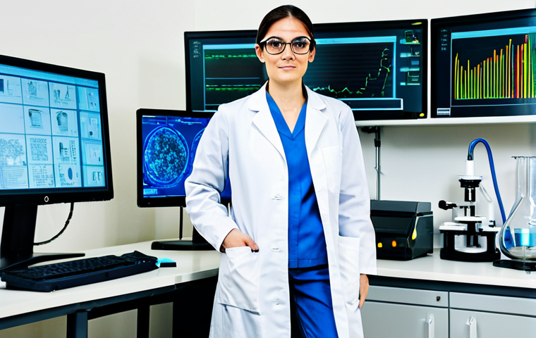 기계공학 기계적시험 - **Subject:** A female engineer in a clean, modern laboratory.
**Clothing:** She is wearing a pro...