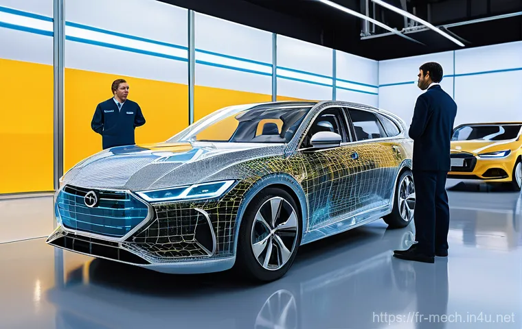 기계공학 자동차모델링 - **Prompt:** A highly detailed shot of a modern automotive design studio. In the foreground, a profes...