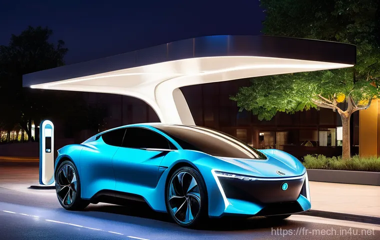 기계공학 차량공학 - **A sleek, futuristic electric sports car** in a vibrant, clean city environment, charging at an ult...
