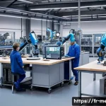 기계공학 기계산업동향 - A modern French industrial workshop featuring collaborative robots ("cobots") working alongside huma...