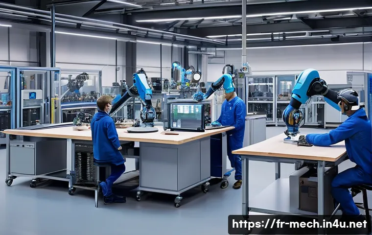 기계공학 기계산업동향 - A modern French industrial workshop featuring collaborative robots ("cobots") working alongside huma...