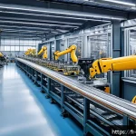 기계공학 자동화장비개발 - A modern French mechanical factory floor showcasing an advanced automated production line with multi...