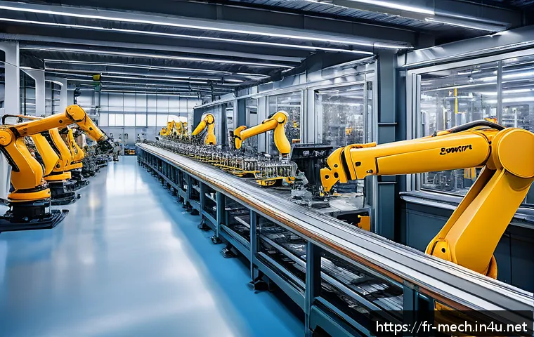 기계공학 자동화장비개발 - A modern French mechanical factory floor showcasing an advanced automated production line with multi...