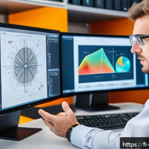 기계공학 기계시스템시뮬레이션 - A detailed engineering workspace scene showing a mechanical engineer analyzing a complex 3D simulati...