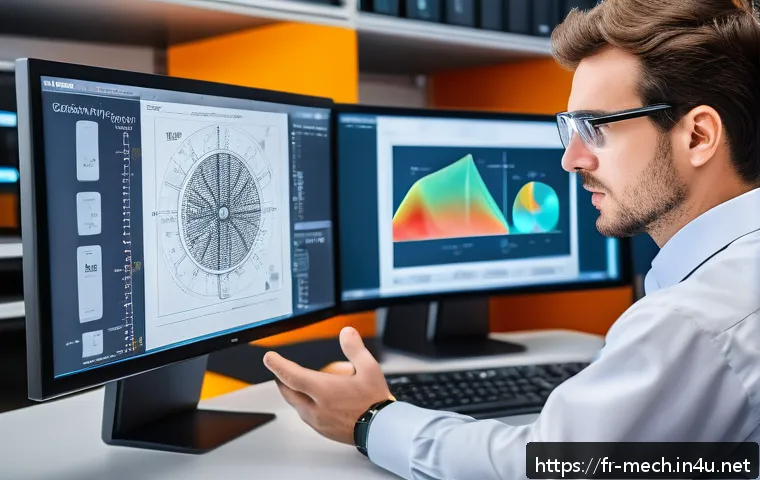 기계공학 기계시스템시뮬레이션 - A detailed engineering workspace scene showing a mechanical engineer analyzing a complex 3D simulati...