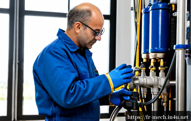기계공학 기계시스템운용 - Photorealistic mechanical engineering training workshop in France, a middle-aged technician wearing ...