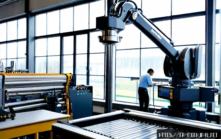Home 17 기계공학 자동화장비설계 - Photorealistic mechanical engineer in a modern French industrial automation workshop, reviewing a la...